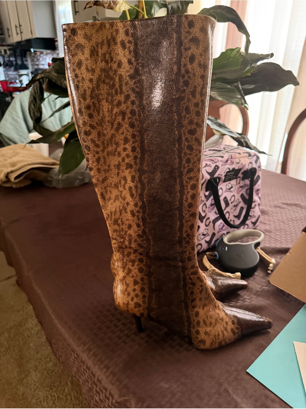 Women's Leopard-Print Knee-High Stiletto Boots - Brown